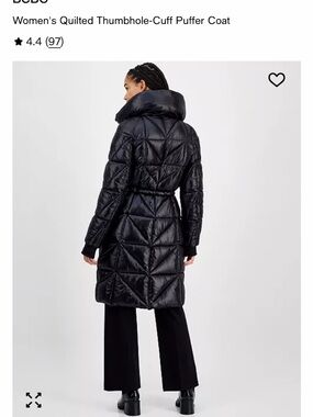 BCBG Black Quilted Belted Long Puffer Coat with High Collar
